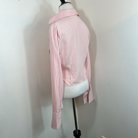 Pretty Little Thing Shirt Button Up 6 Pink Burgandy Crop Pinstripe Fitted Y2K - Picture 4 of 13